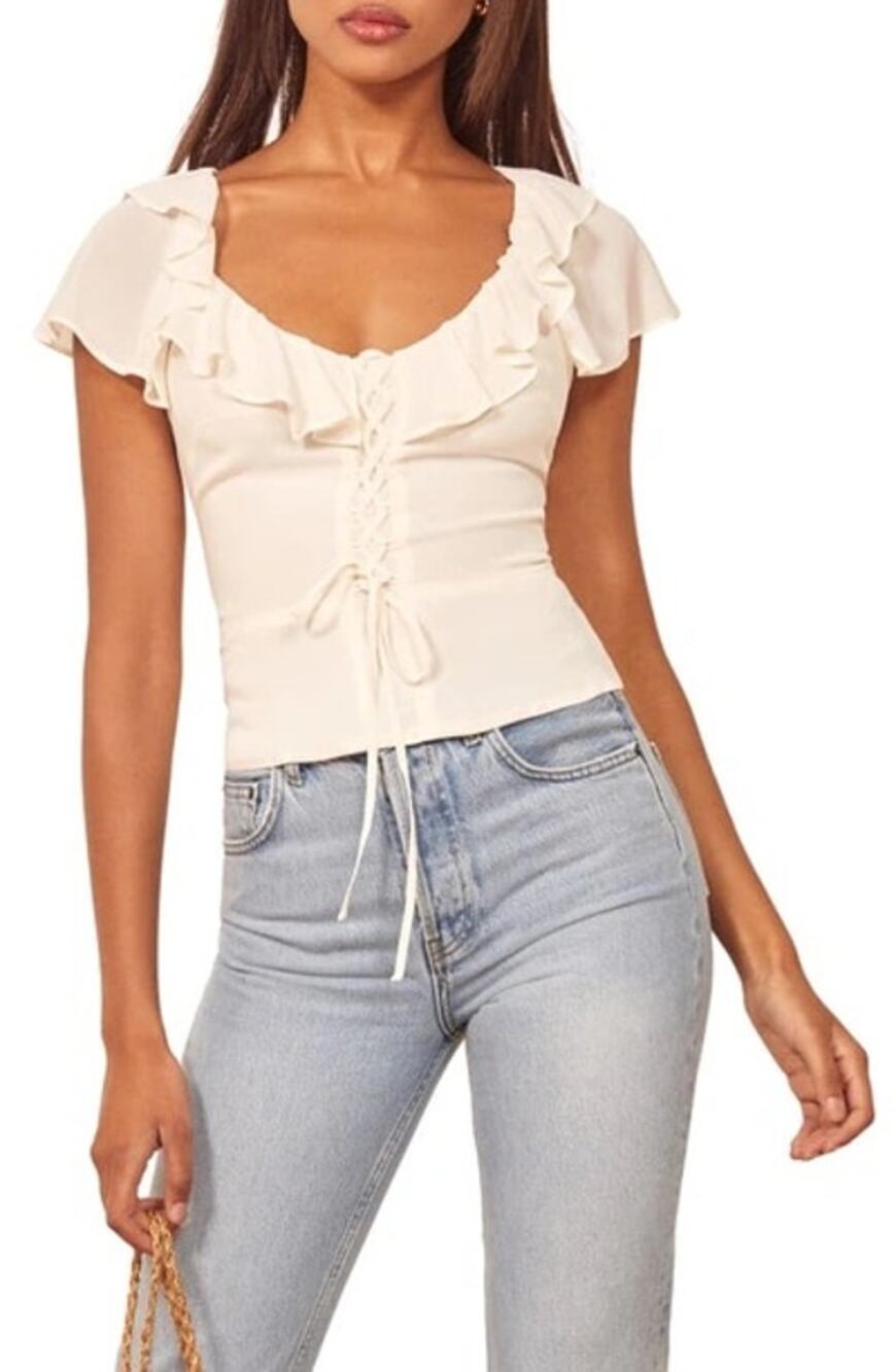 NEW Reformation Fleur Ruffle Trim Lace-Up Top Size 12 Coquette Ivory Bridal